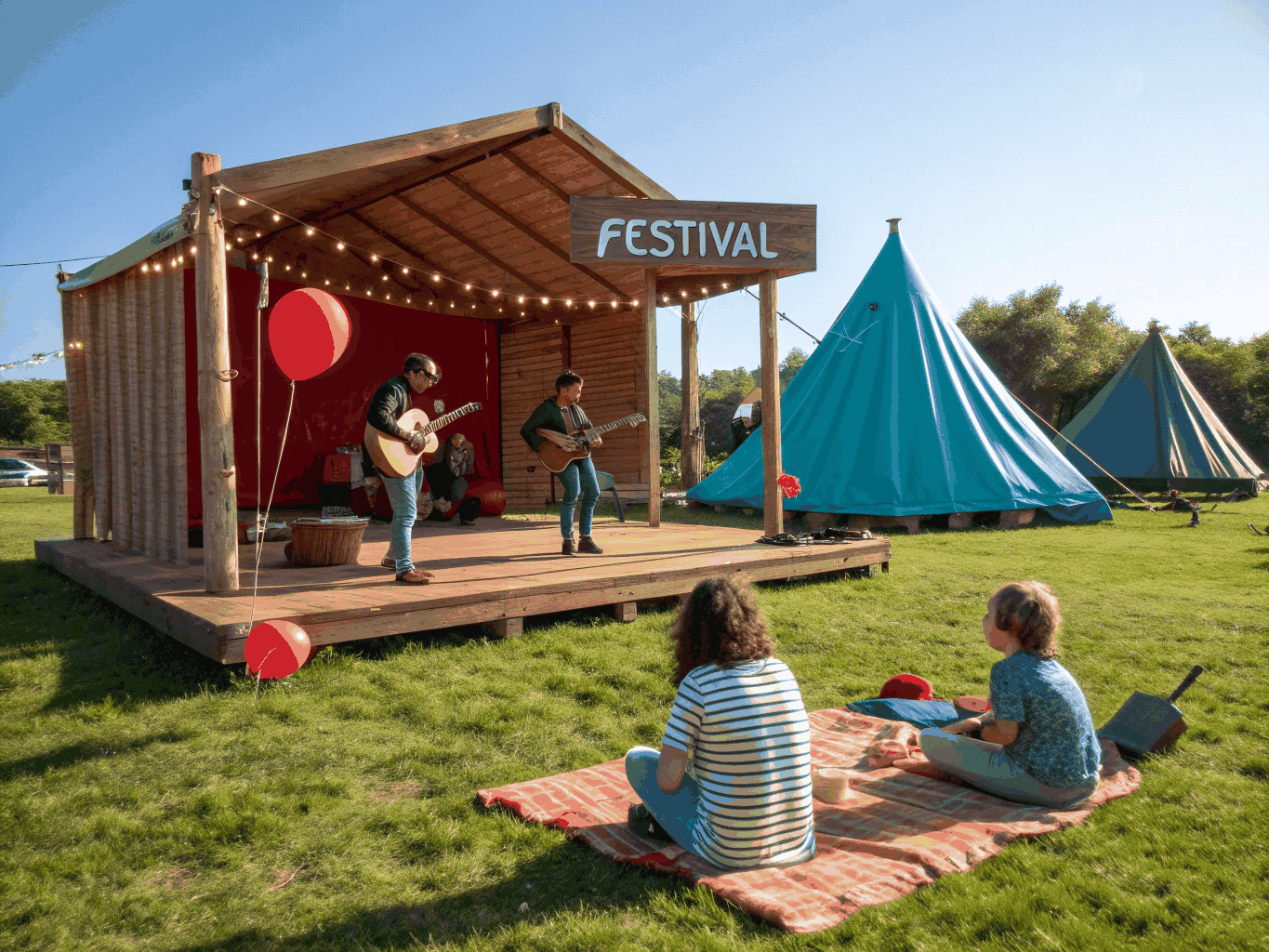 Musicians playing bluegrass instruments on a rustic wooden stage