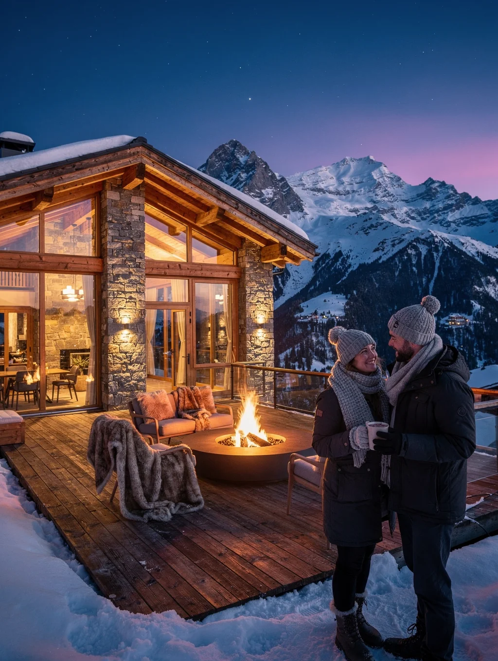 Romantic lodge bedroom with a stone fireplace and soft, warm ambient lighting