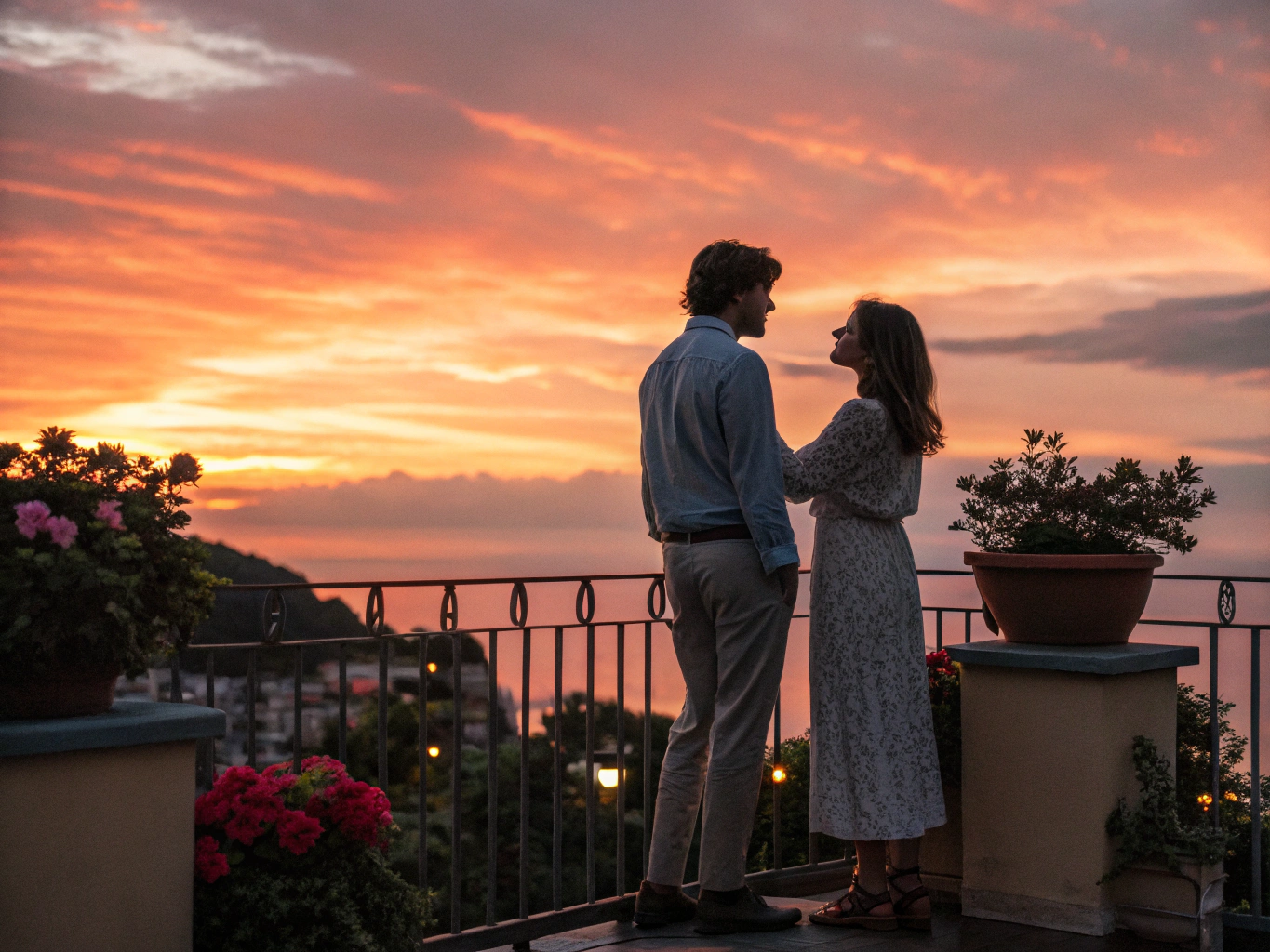 Cozy cabin balcony overlooking the misty Smoky Mountains at sunset