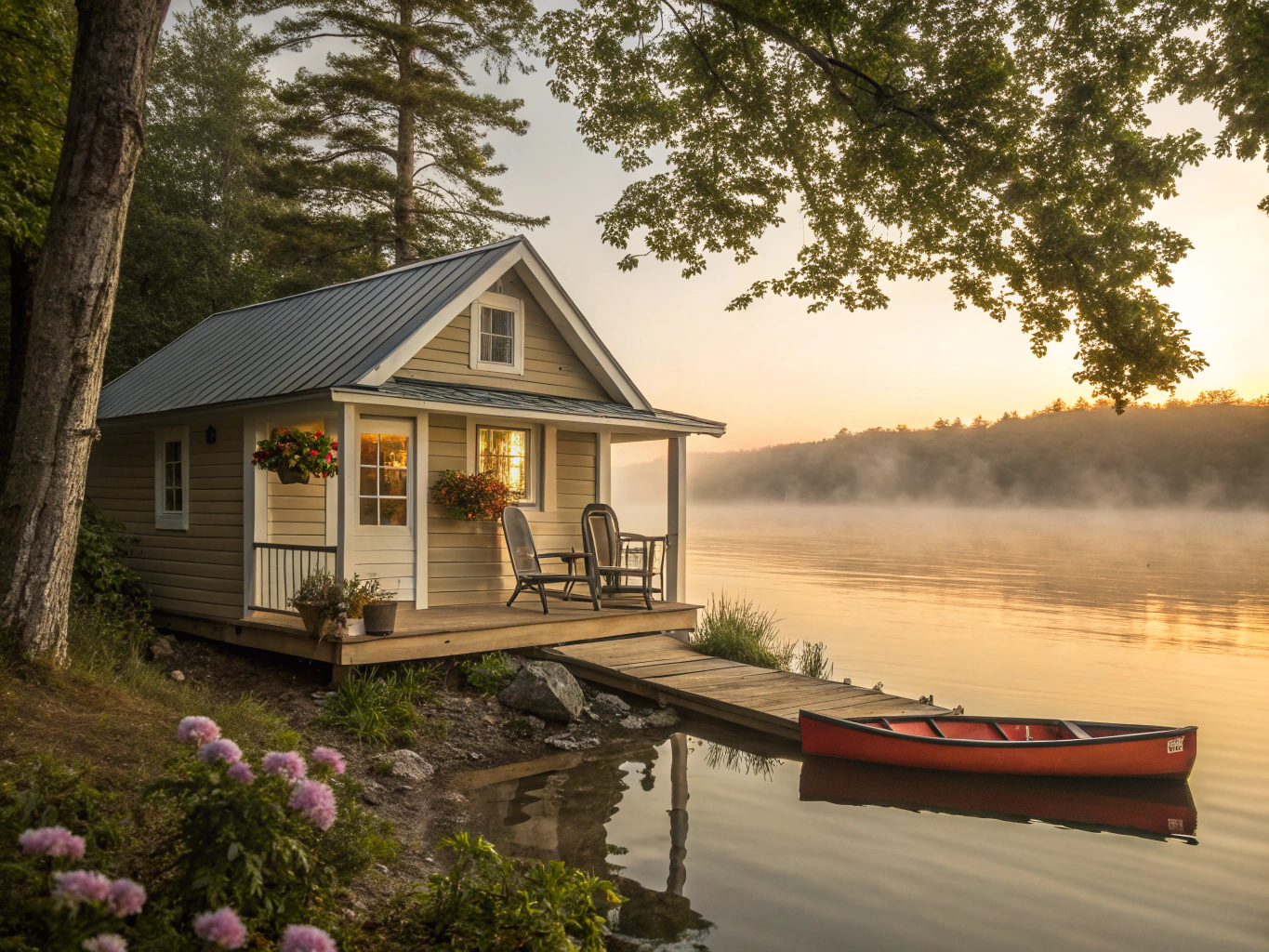 Cozy cottage by the river with a wooden porch and mountain forest backdrop