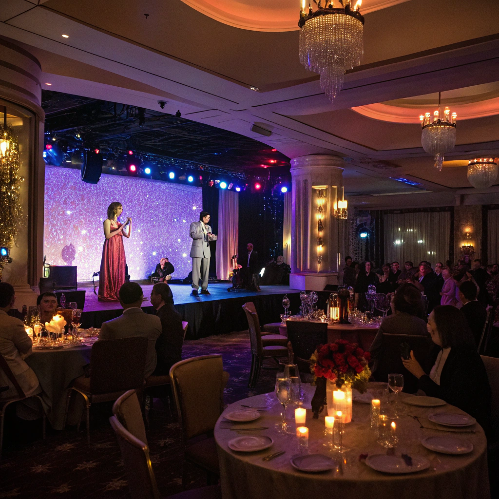 Stage lights shining on a rustic theater performance setting