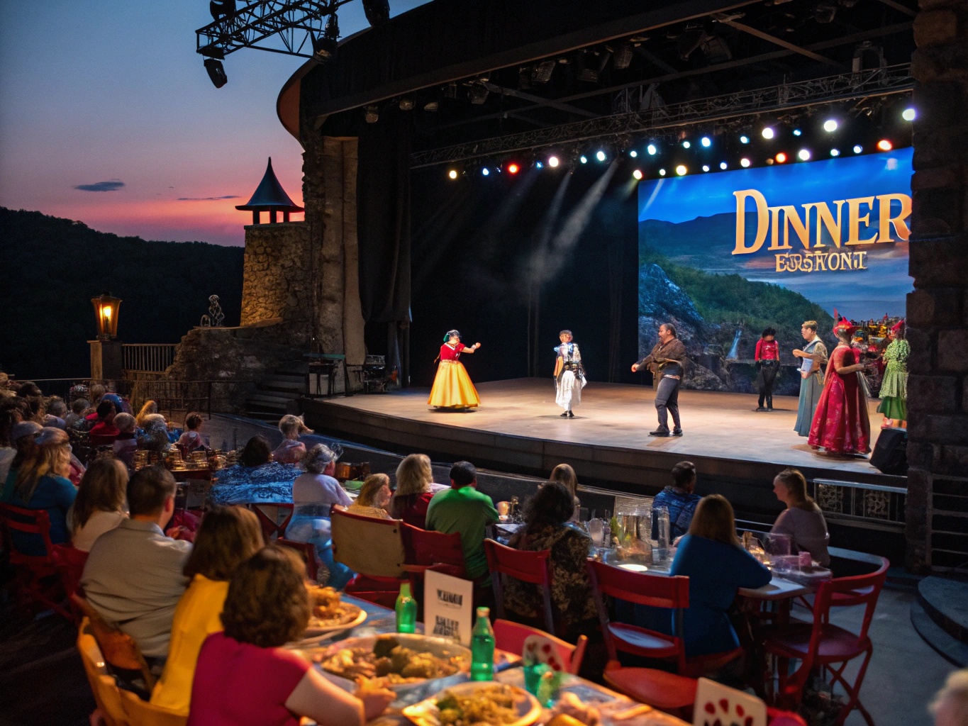 A lively stage performance with performers in colorful costumes at a Pigeon Forge dinner theater