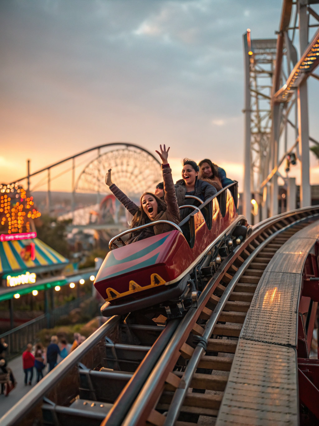 Roller coaster tracks soaring above lush green mountain foliage