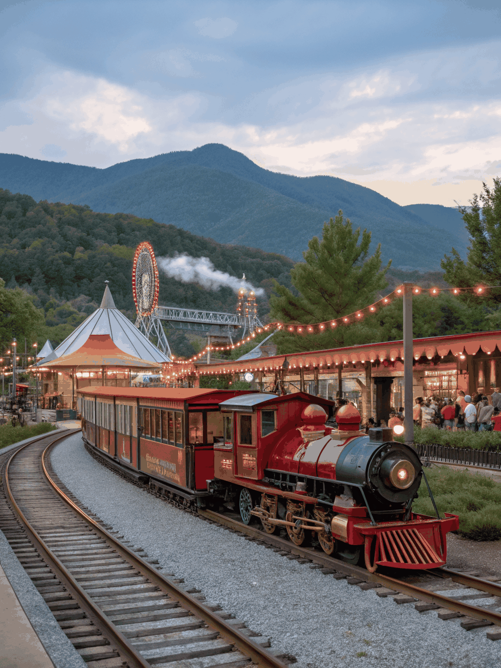 Roller coaster tracks against a bright blue mountain sky at Dollywood