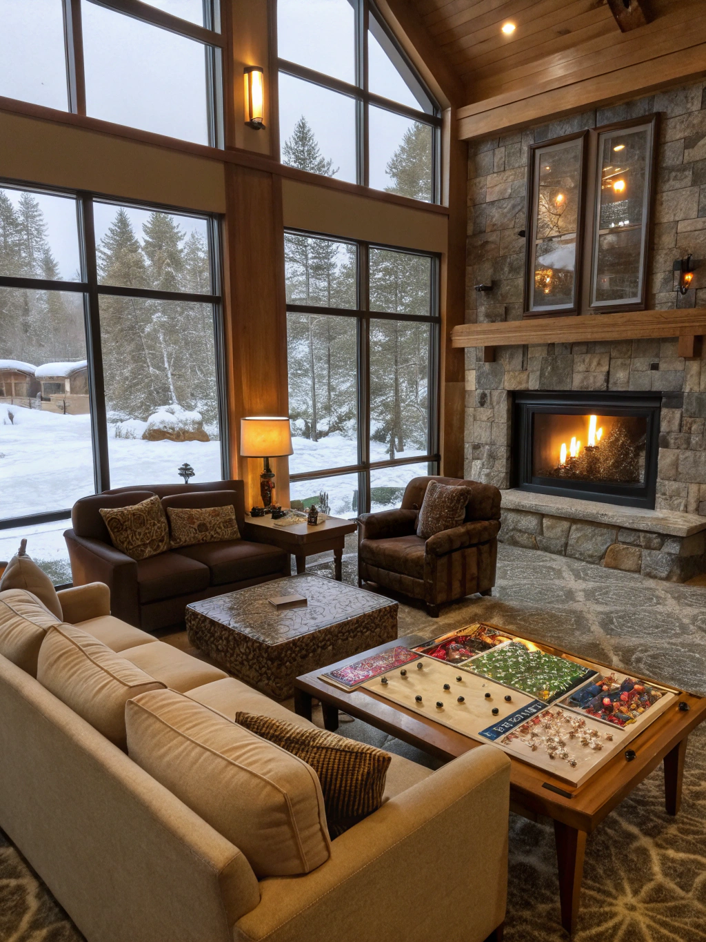 Cozy family lodge suite with warm wood textures and comfortable seating areas