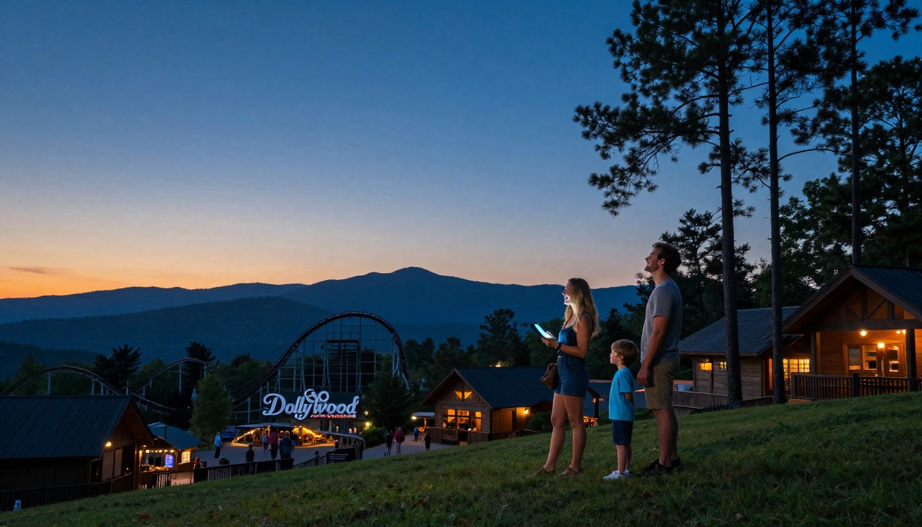 A smiling family watches the sunset over the Smoky Mountains near Dollywood.
