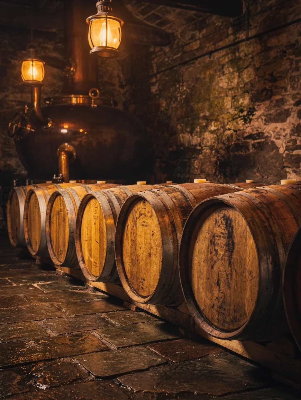 Whiskey tasting by a stone fireplace in a rustic mountain distillery