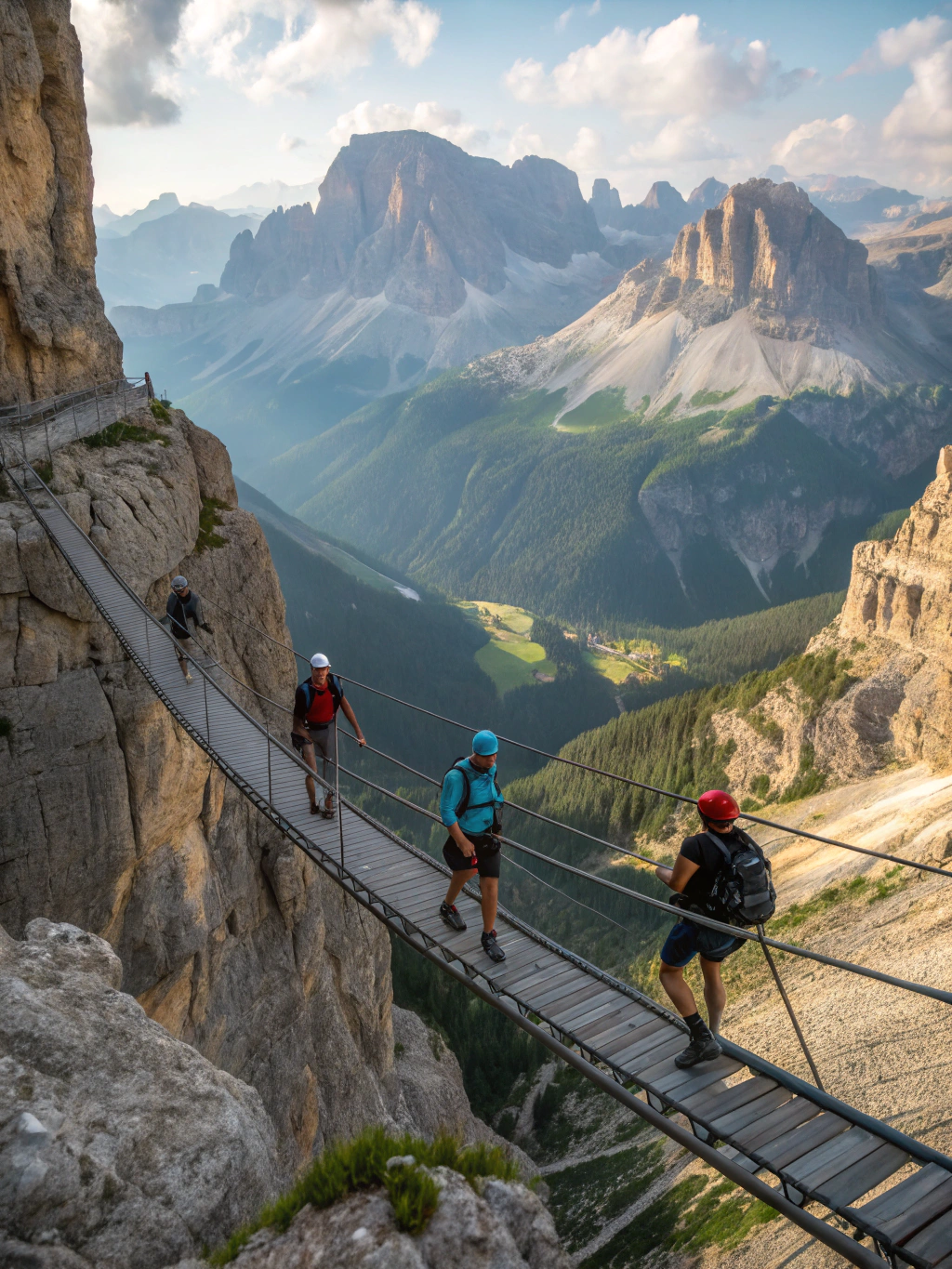 Pedestrian cable bridge suspended high above the mountain valley
