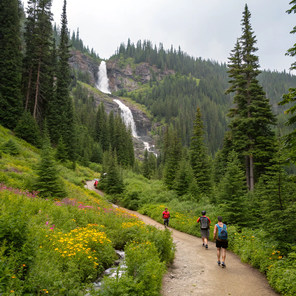 Hikers walking through a lush green forest trail in the Smoky Mountains