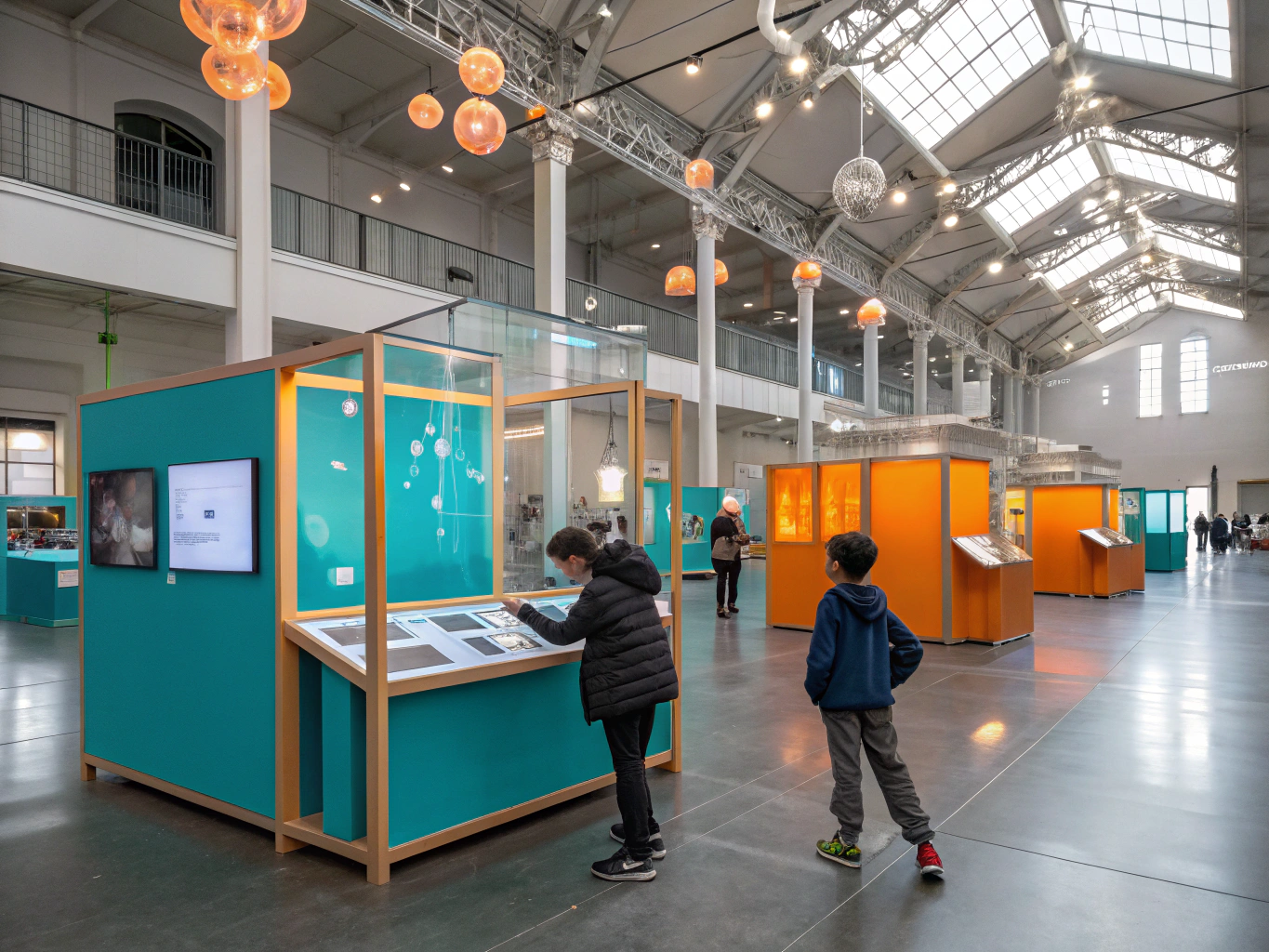 Families exploring interactive exhibits inside a modern museum in Pigeon Forge