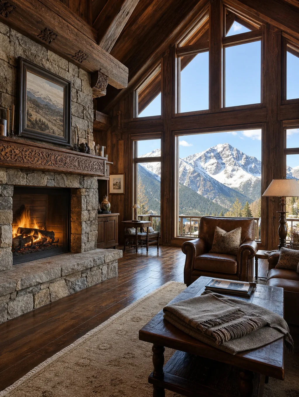 Rustic luxury lodge suite with timber walls and a warm, inviting bed