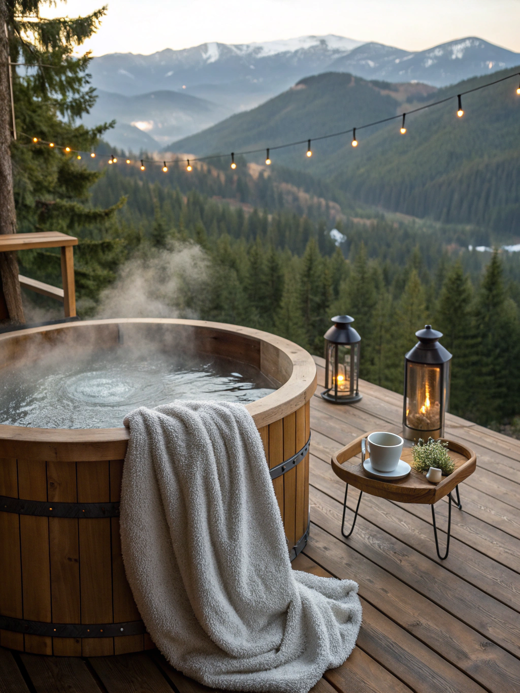 Steaming cedar hot tub on a lodge deck under a clear starry night sky