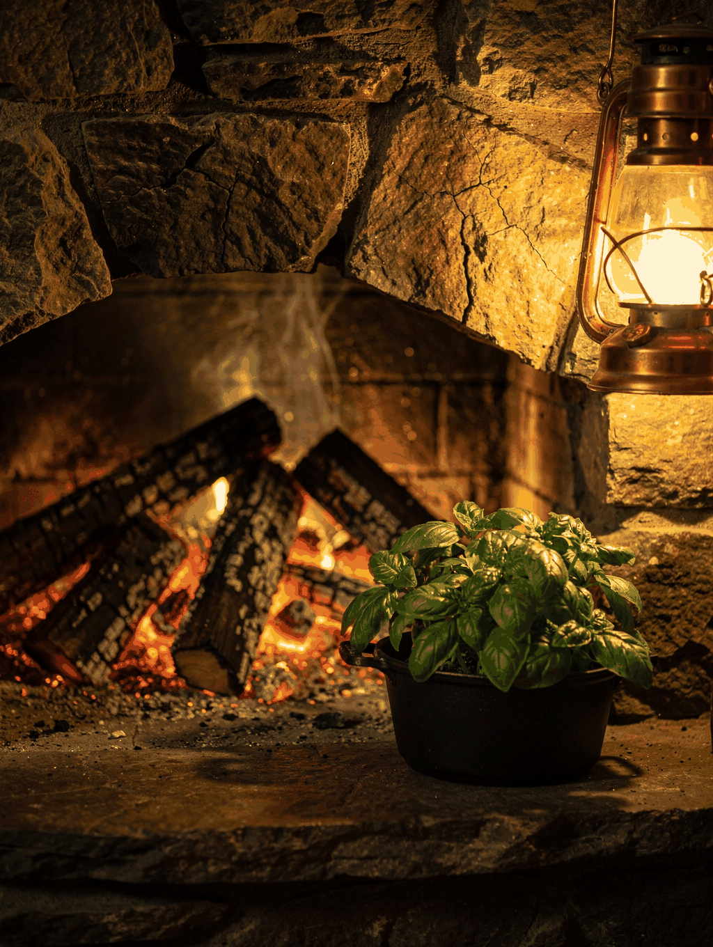 Warm stone hearth in a lodge great room with glowing embers and books