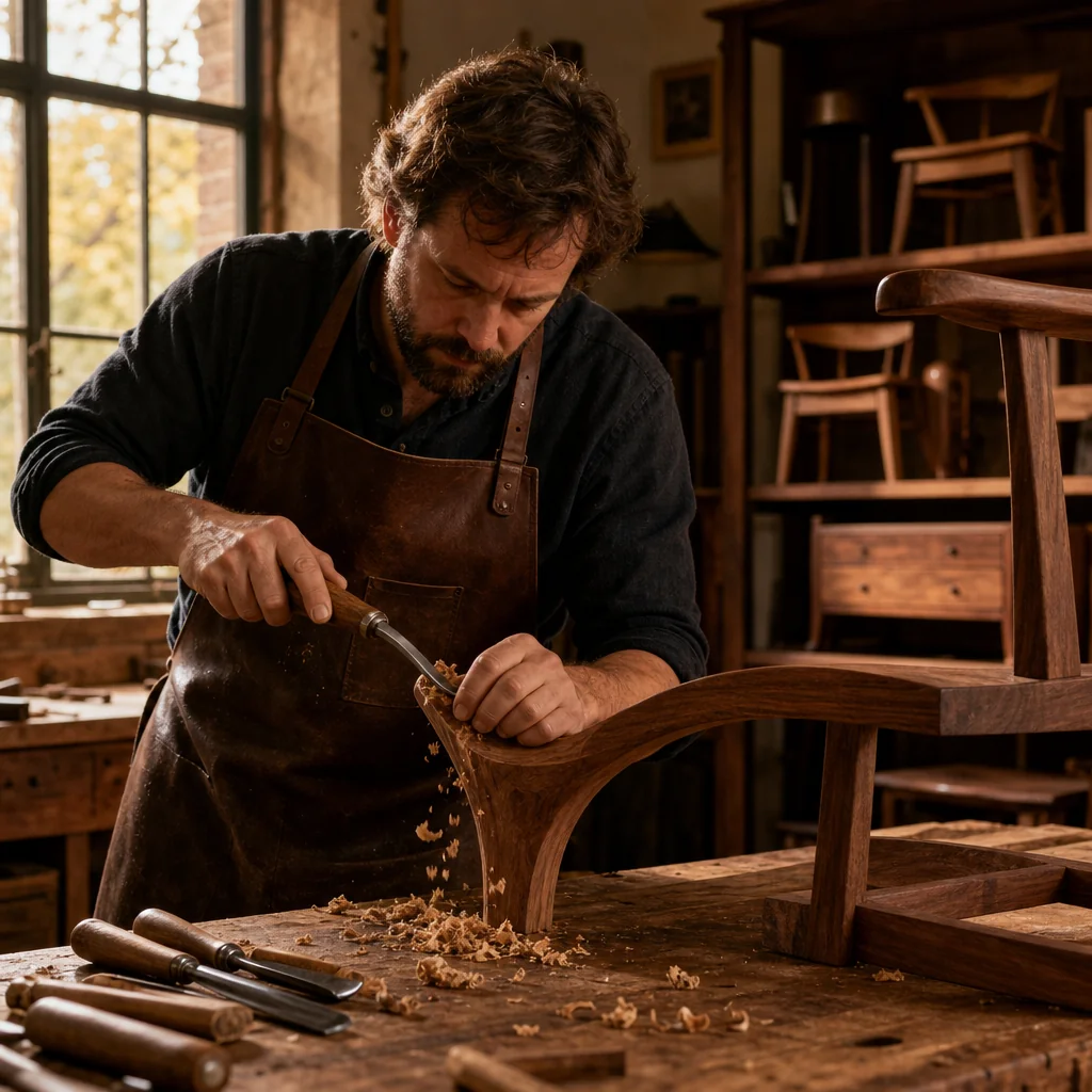 Artisan hands working on traditional mountain wood carving