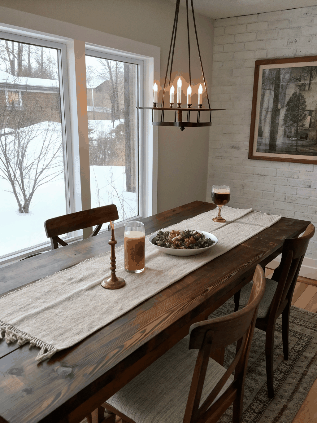 A cozy restaurant table with rustic decor and mountain views
