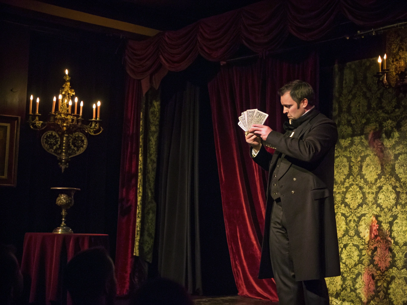 Magician performing an illusion on a dimly lit stage