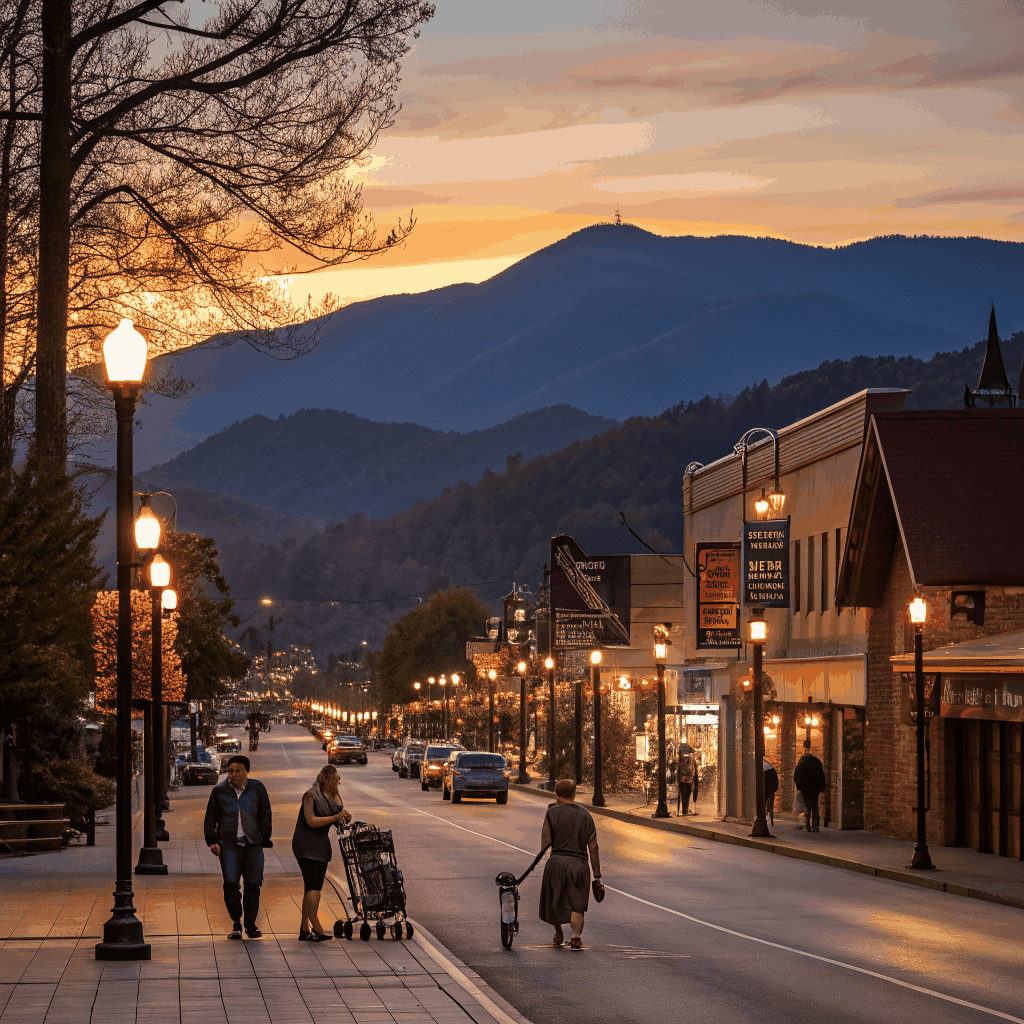 Rustic mountain mall storefronts in Gatlinburg
