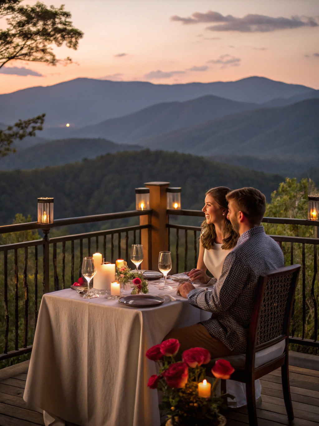 Elegant dining hall with high ceilings and expansive mountain views