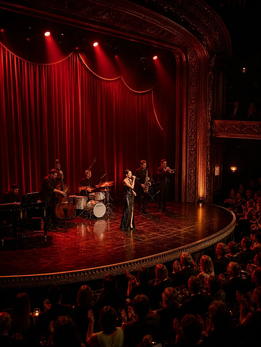 Stage lights illuminating a vibrant musical performance in a theater