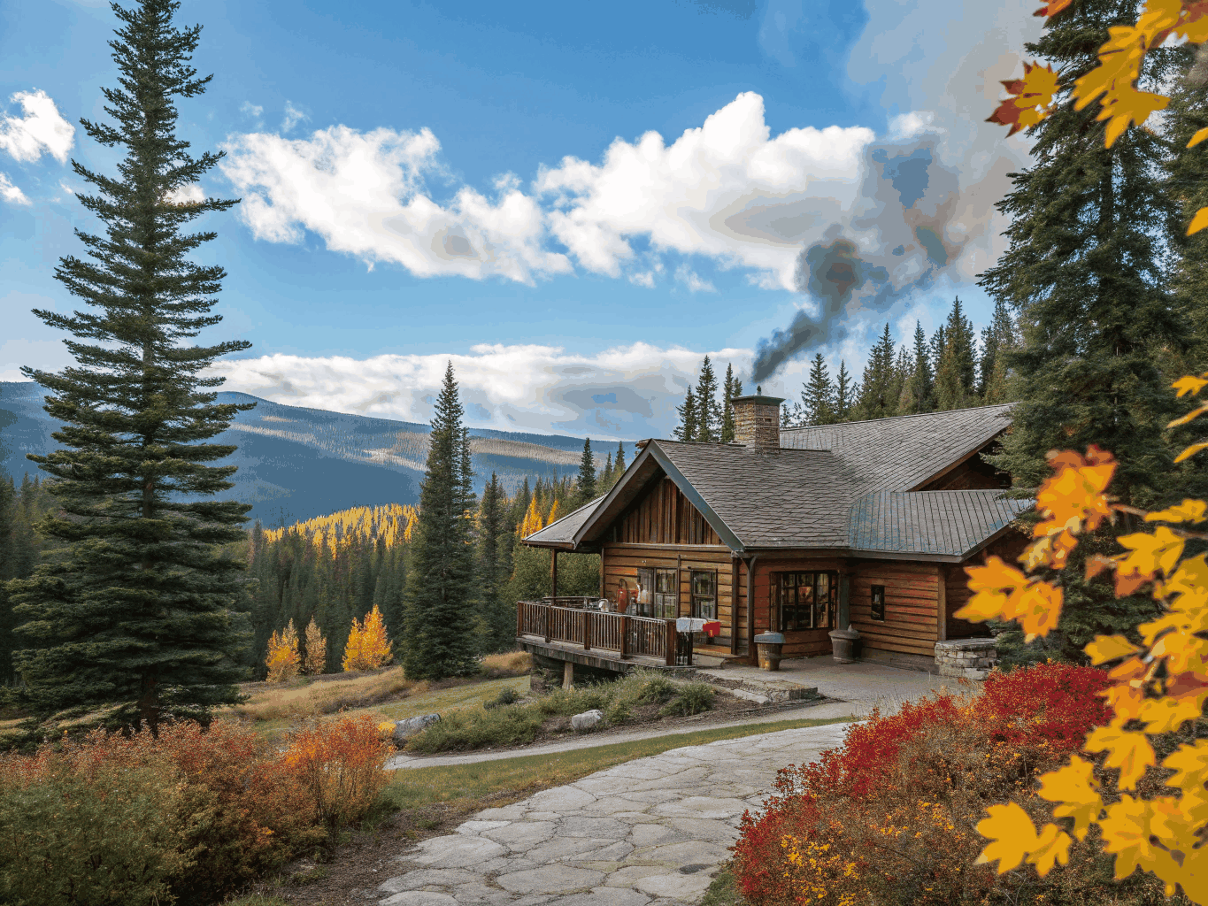 Spacious resort lodge with a large stone fireplace and rustic interior design