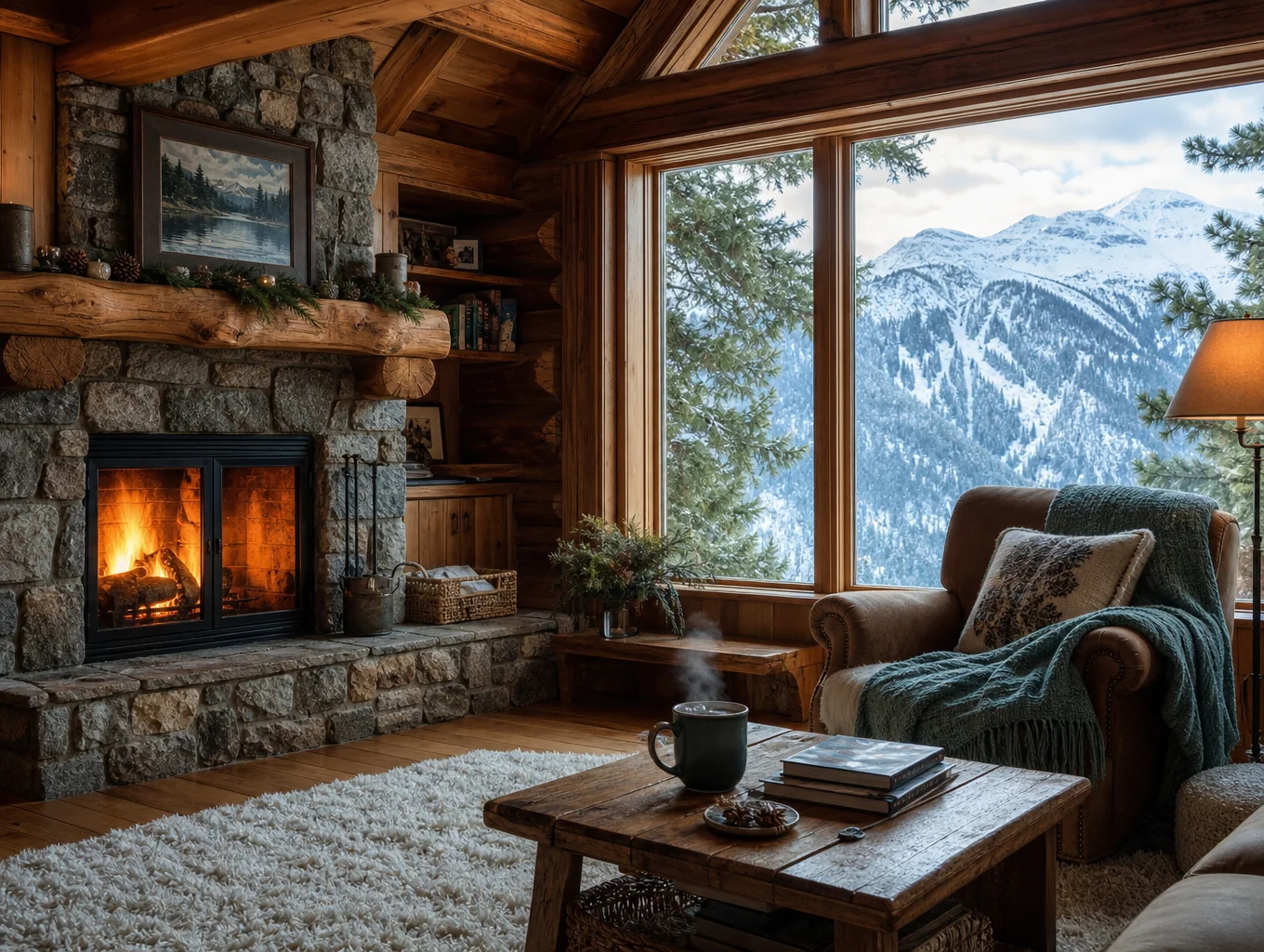 Cozy wooden cabin interior with a fireplace and mountain views