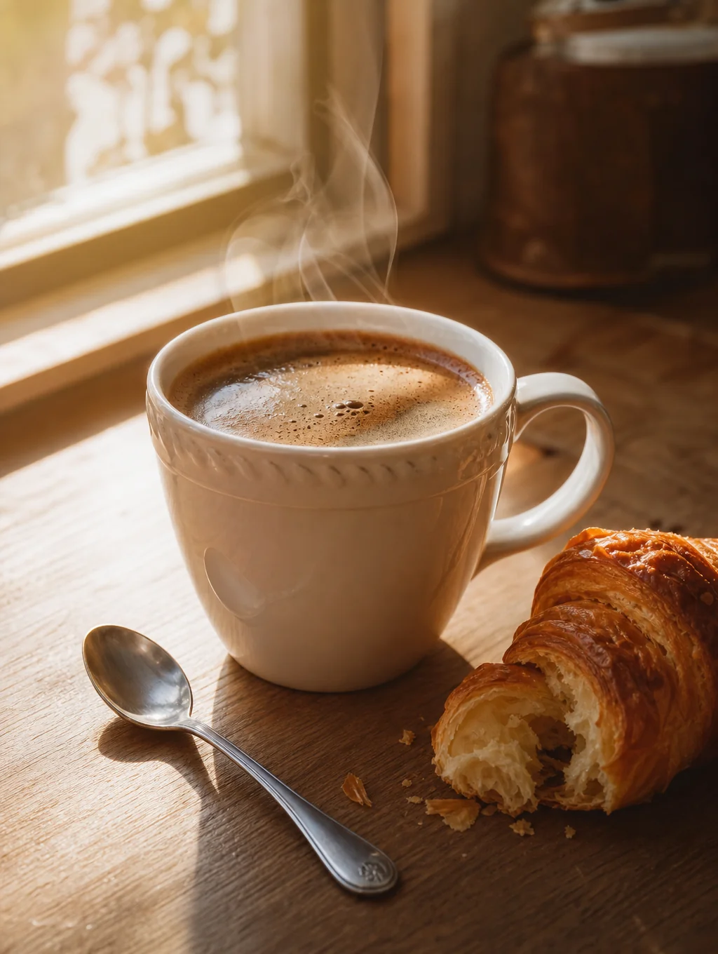 Freshly brewed coffee on a rustic wooden table with mountain views