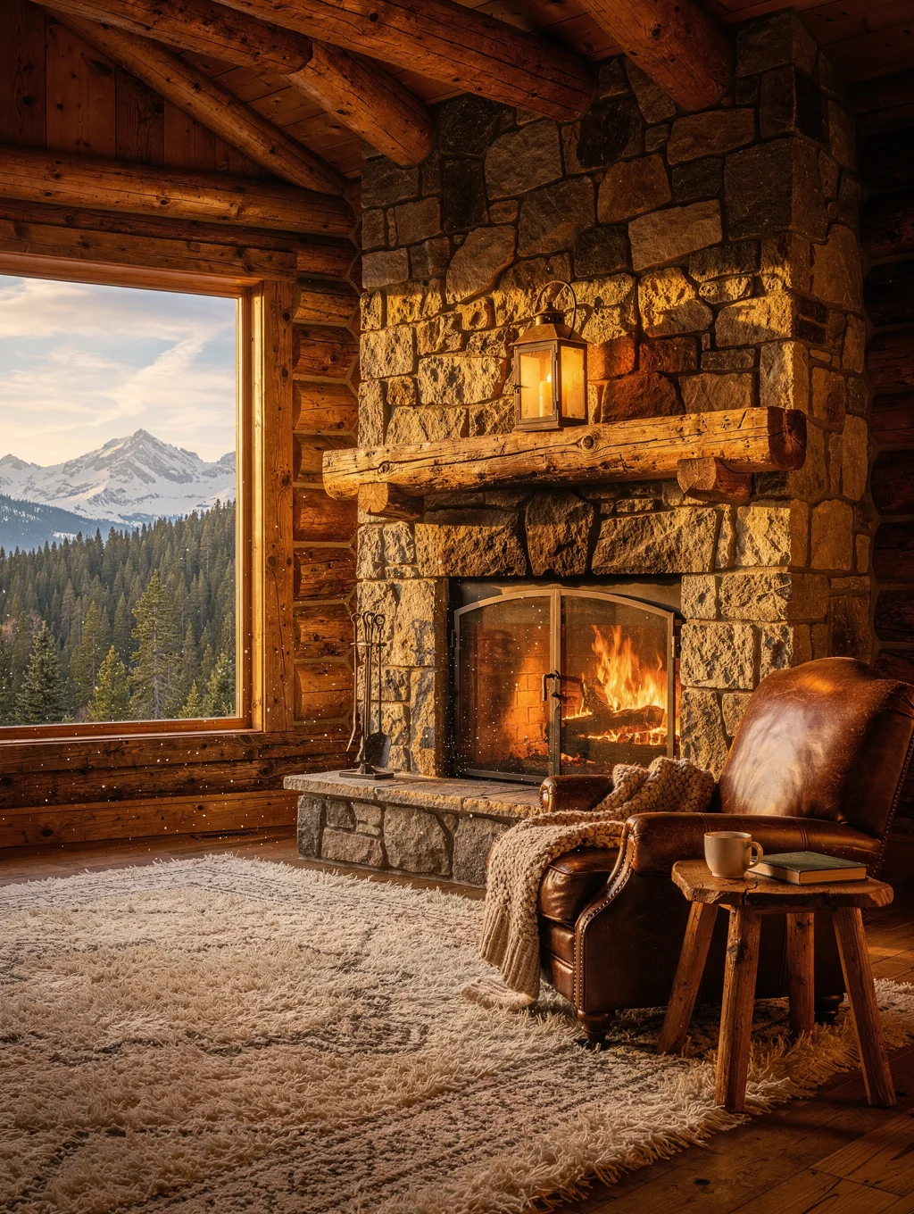 Warm stone fireplace in a mountain lodge with glowing embers