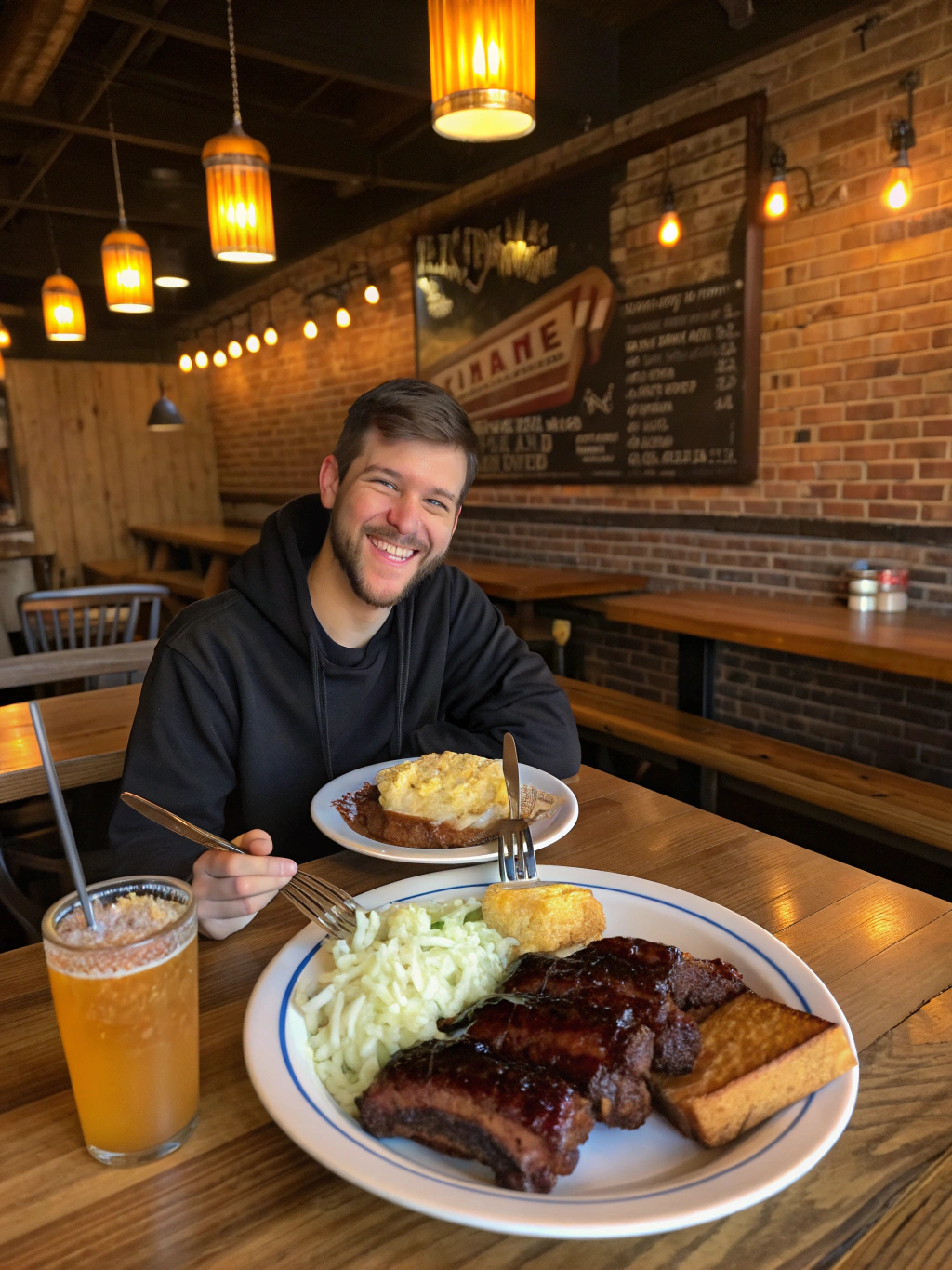 Rustic barbecue restaurant with wooden tables and a view of the Smoky Mountains