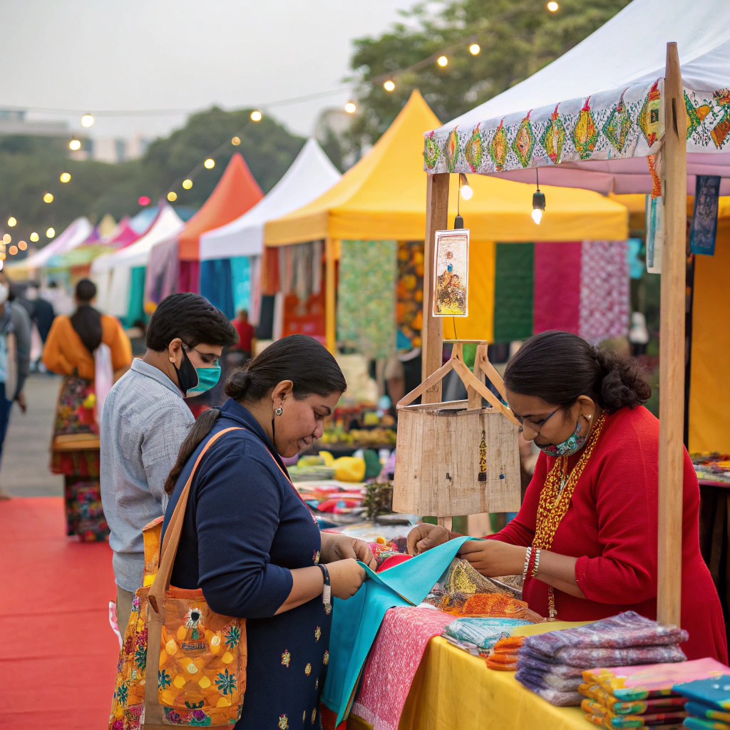 Artisans displaying handmade mountain crafts and pottery