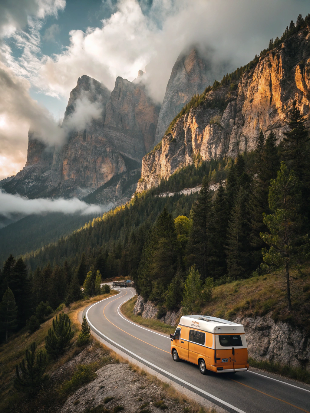 Winding road through lush green mountains during a clear morning
