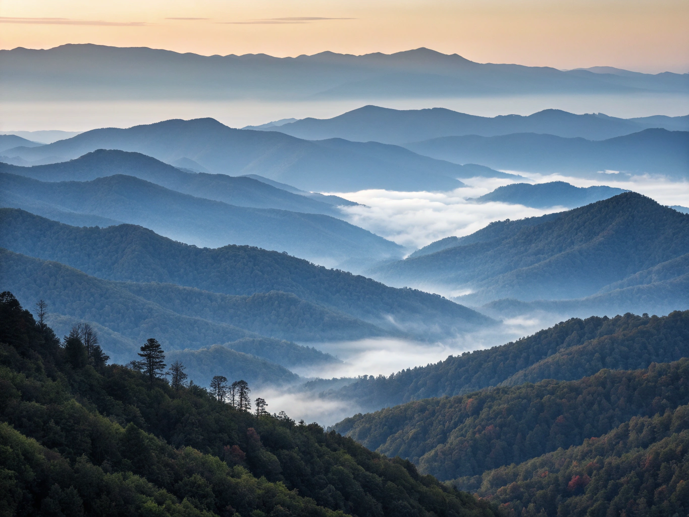 Sunset view over the Great Smoky Mountains with layered ridges