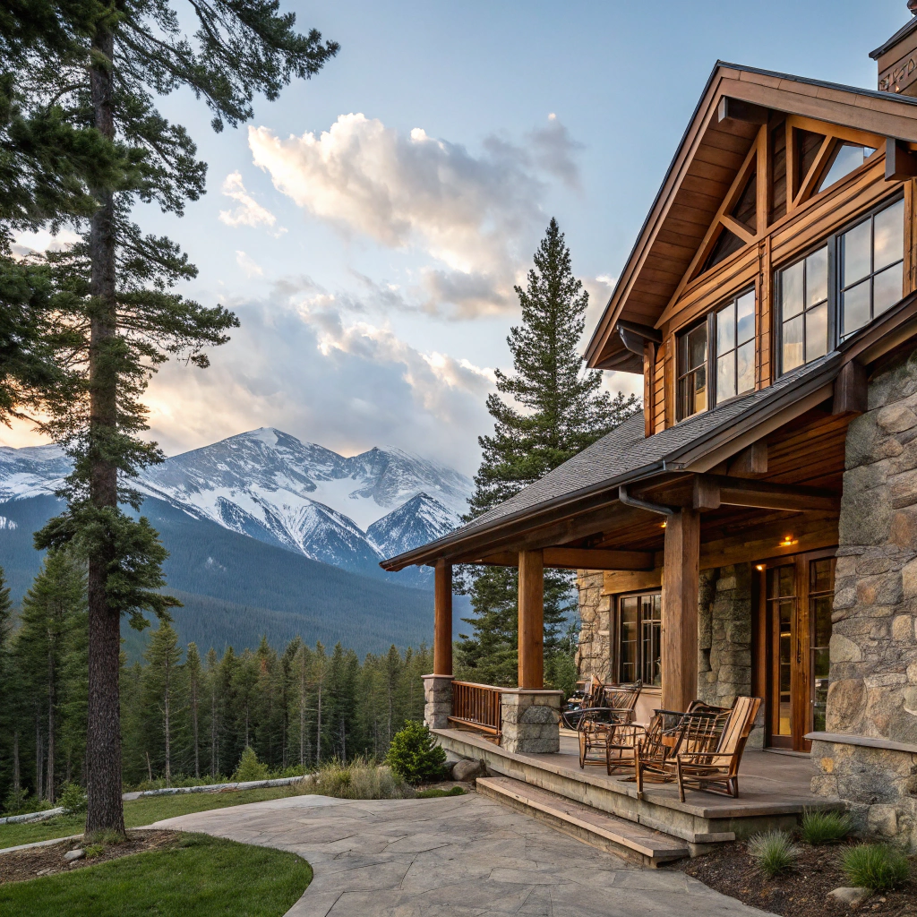 Luxury mountain lodge balcony overlooking the Great Smoky Mountains at sunset