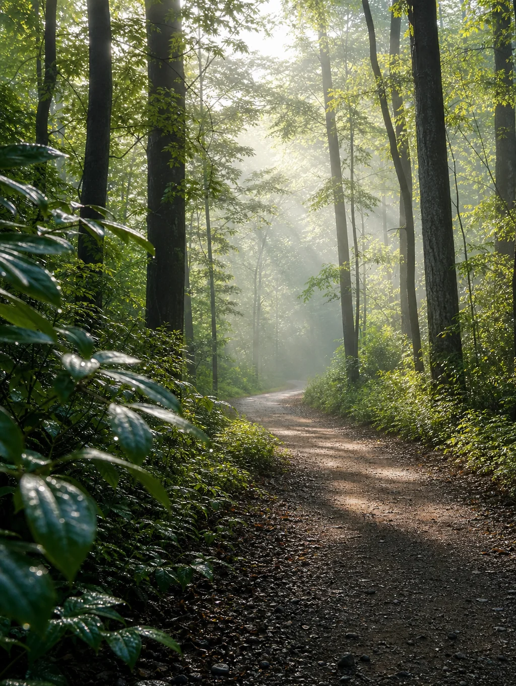 A scenic hiking trail winding through the dense green forests of the Great Smoky Mountains