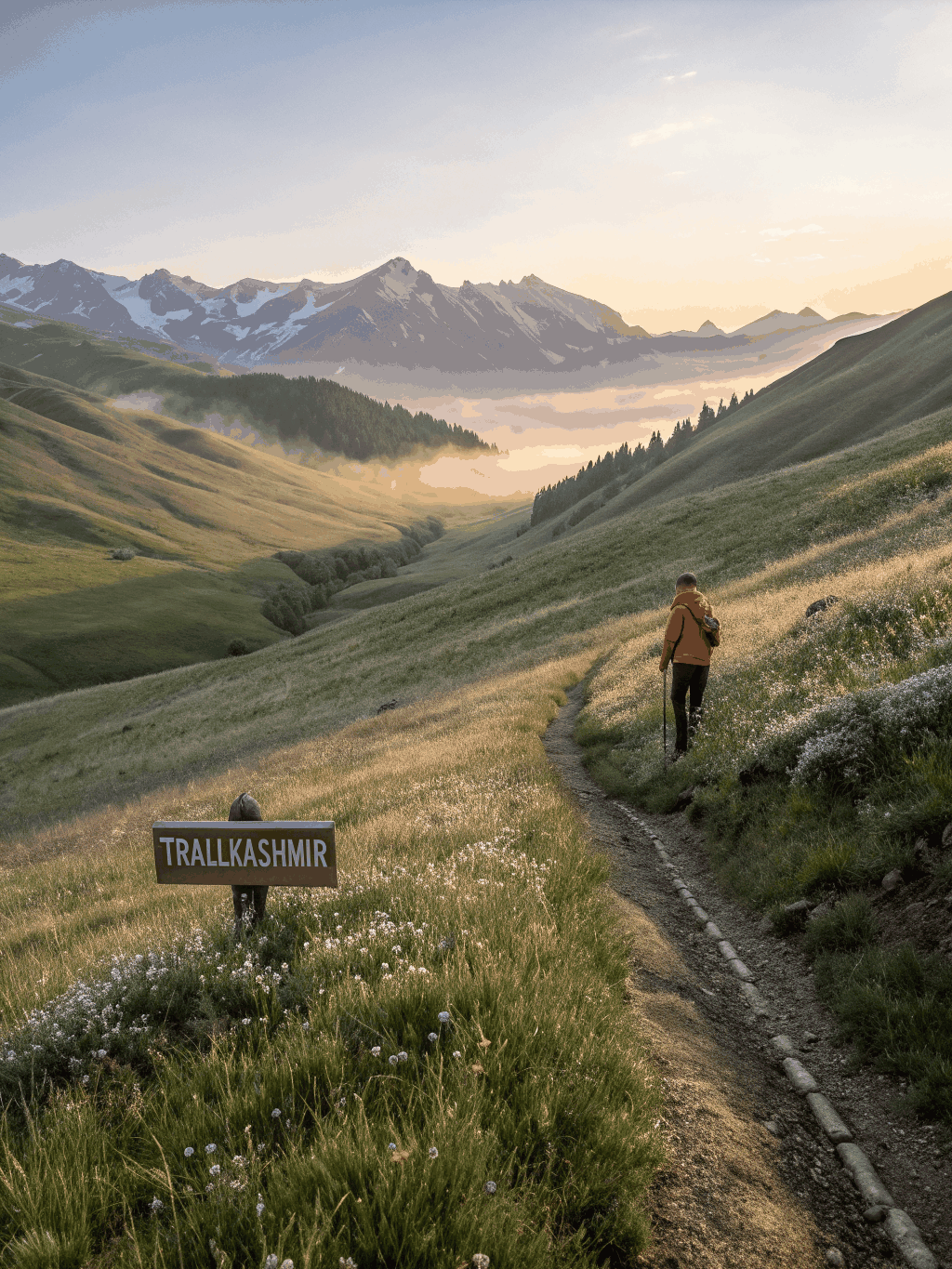Panoramic view of misty blue mountain ridges at sunrise
