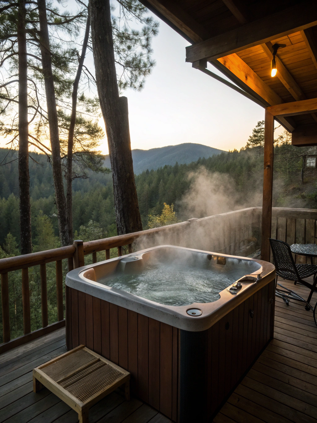 Outdoor hot tub on a wooden deck surrounded by lush mountain forest