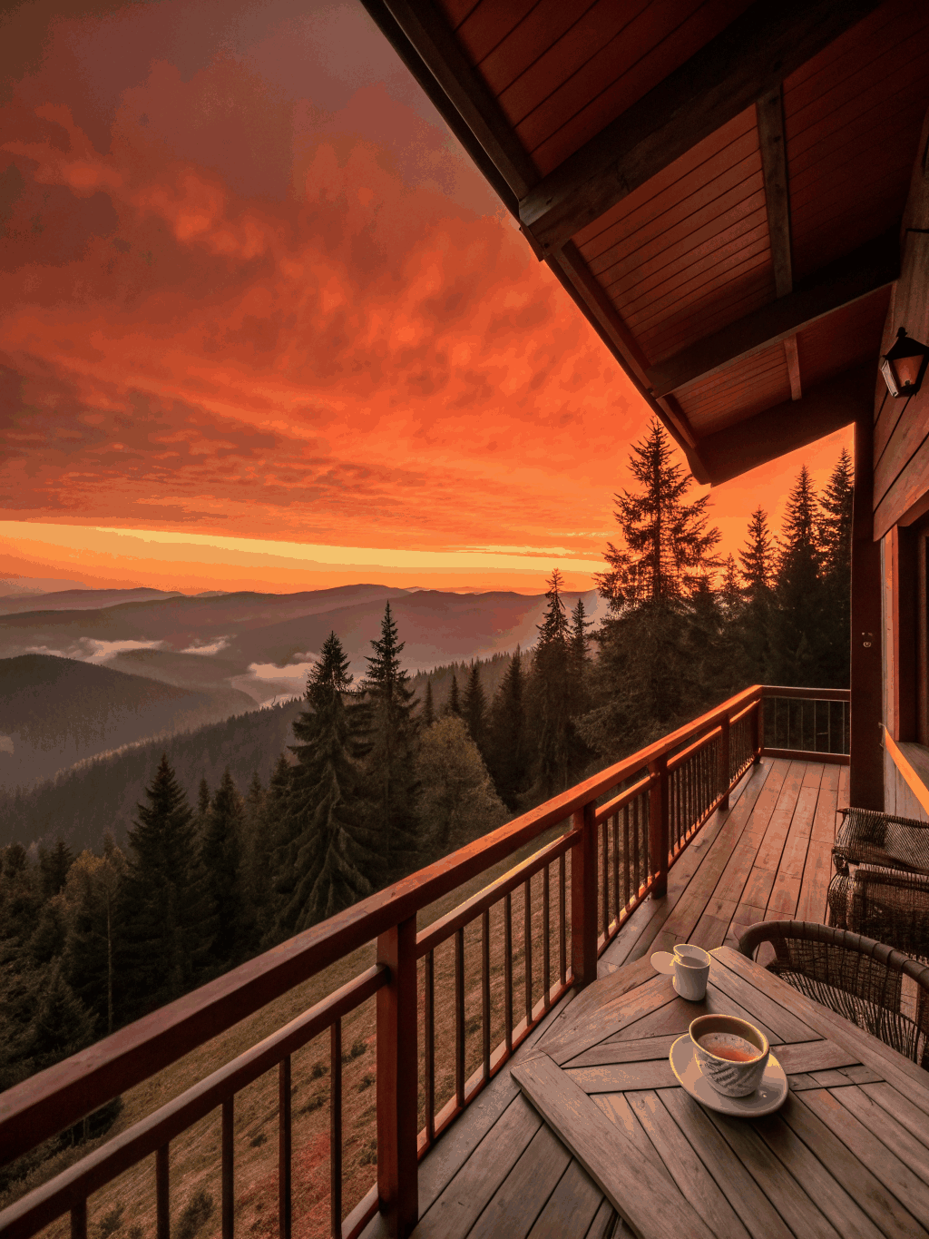 Panoramic view of Smoky Mountain ridges from a luxury lodge balcony at sunrise
