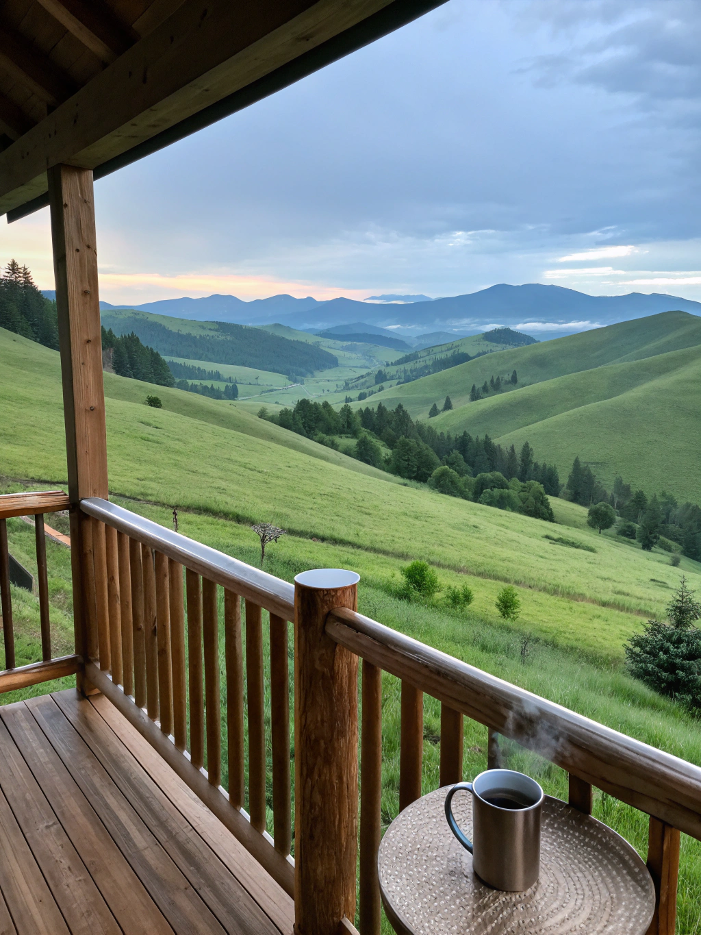 Sunrise light spilling across a wooden balcony overlooking the Smoky Mountains