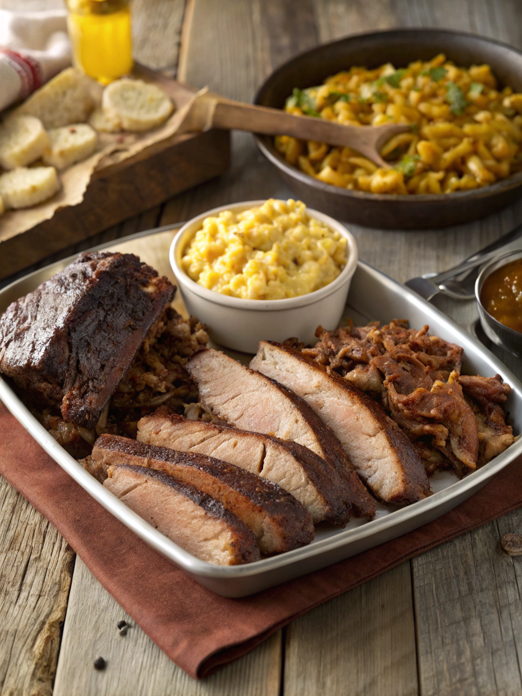 Platter of traditional Southern barbecue and sides on a wooden table
