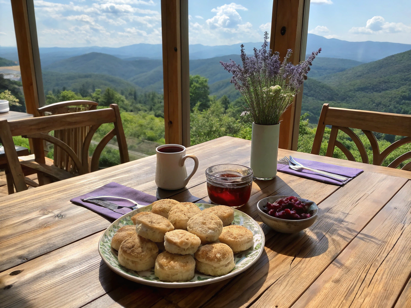 A table filled with delicious Southern comfort food in a cozy Pigeon Forge restaurant