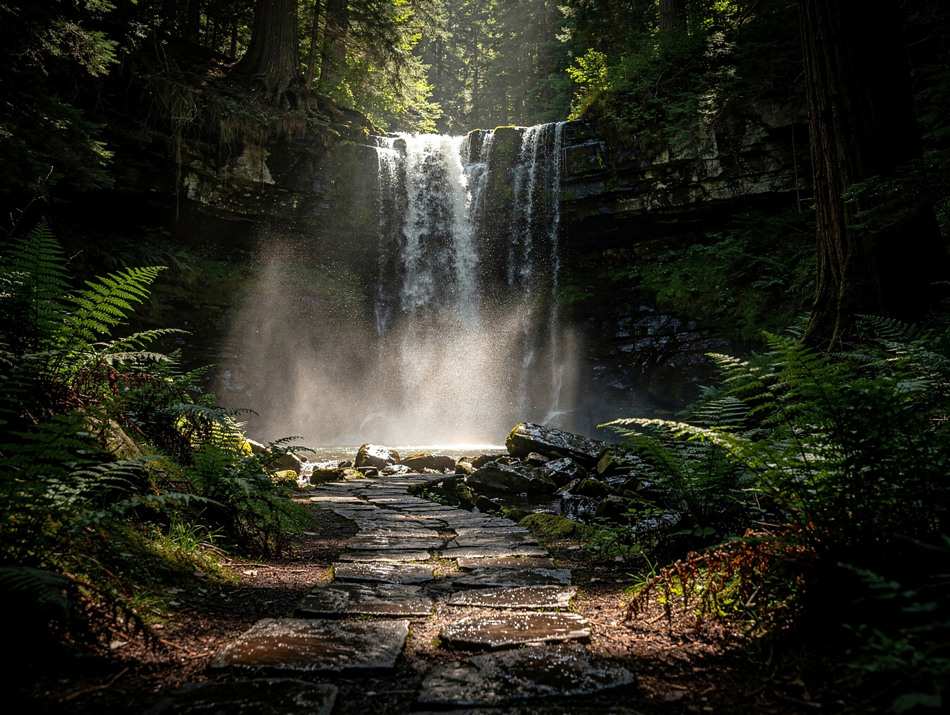 A scenic waterfall cascading down mossy rocks in the forest
